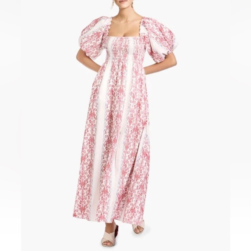 Nwt Sachin & Babi Talia Smocked Puff Sleeve Dress In Poppy Red/Baby Blue - S